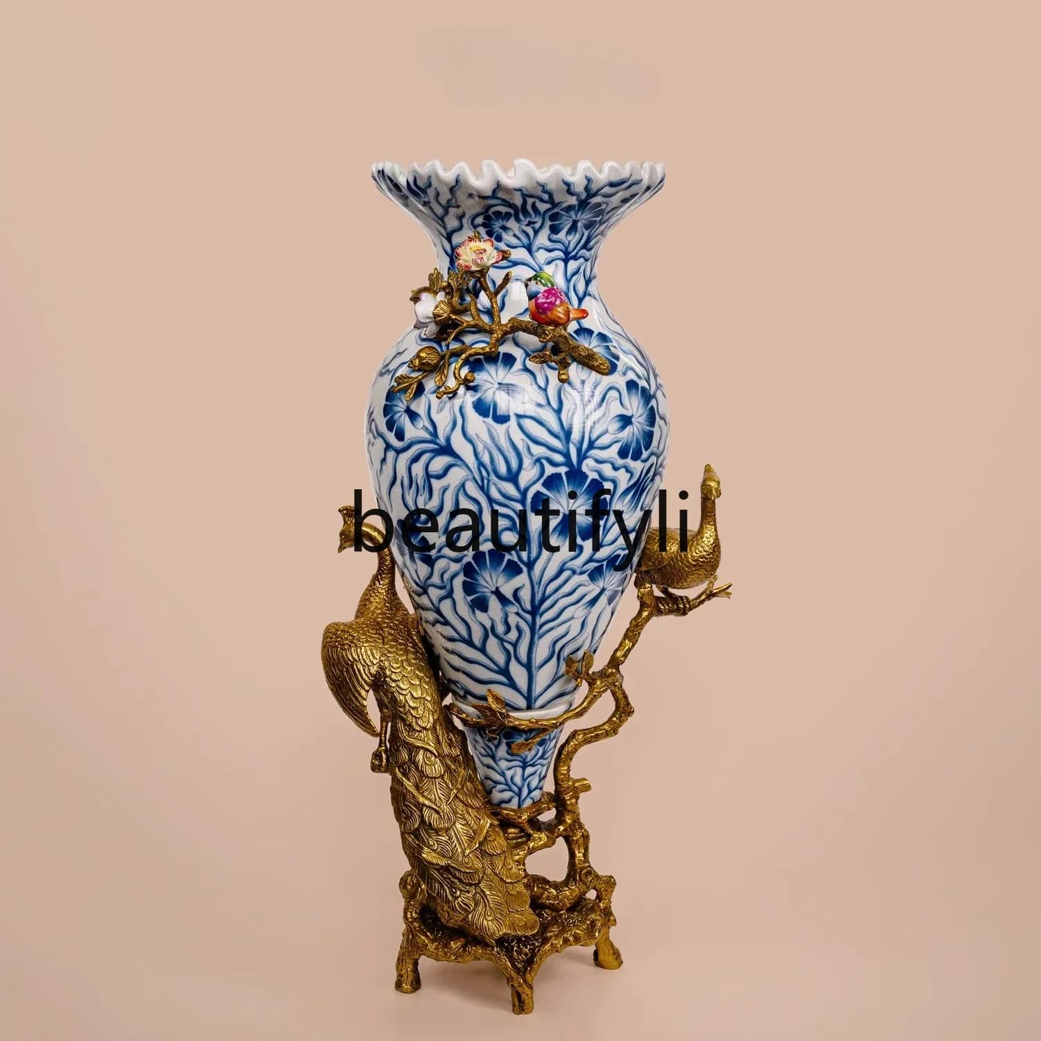 54New Copper and Ceramic Vintage Soft Decoration Blue and White Porcelain Vase Stand Living Room Entrance Ornament