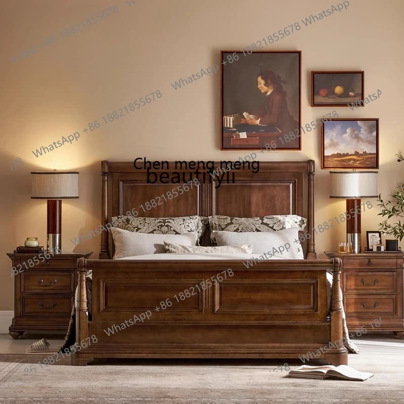 X  Modern classic solid wood double bed storage bedside table, log brown bedroom bed