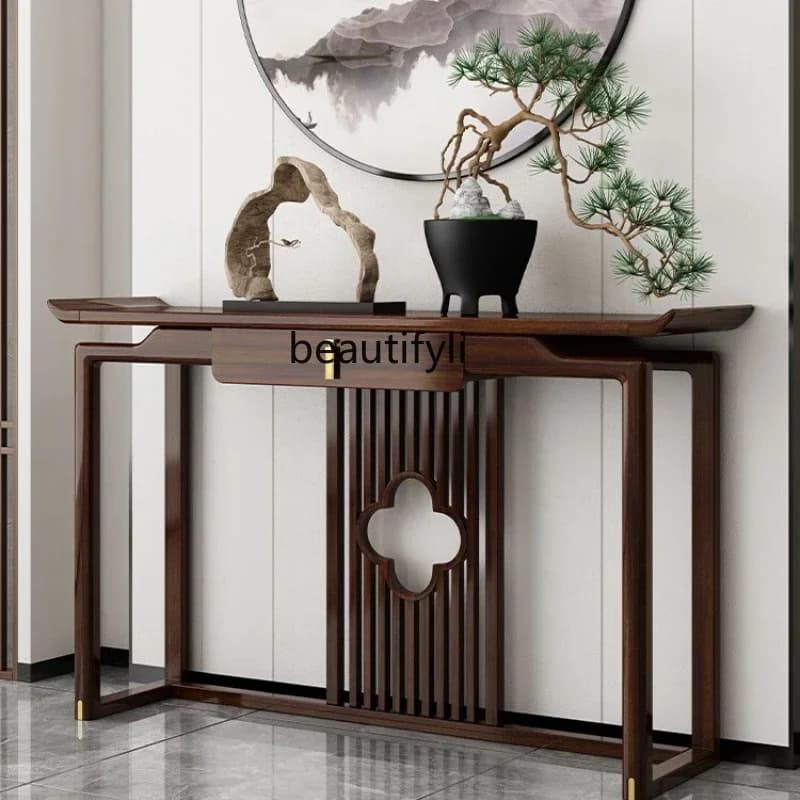 cc182New Chinese-style entrance table, ebony wood strip case, partition against the wall, light luxury solid wood entrance cabin