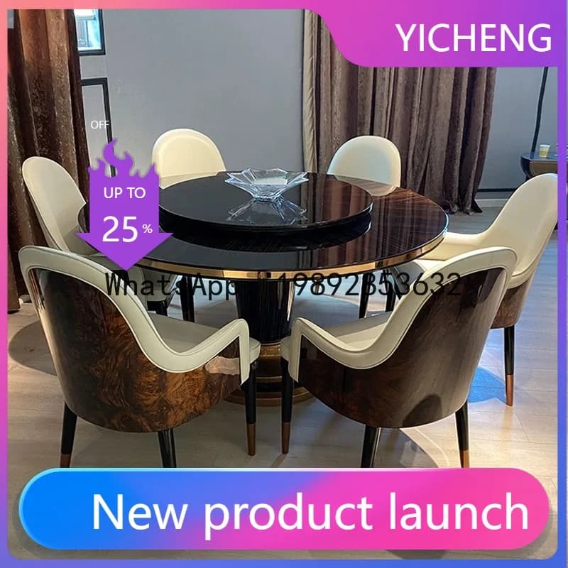 Hys dining table and chair set - solid wood round table with leather upholstery - ebony lacquer finish - home furniture