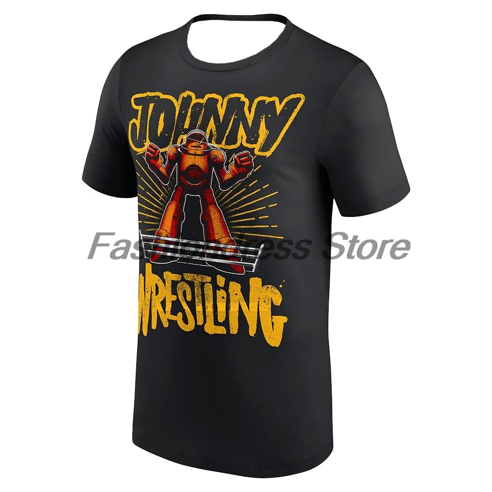 Men's Black Johnny Gargano Johnny Wrestling Robot T-shirt Crewneck Short Sleeve Tee Women Outdoor Streetwear Tops