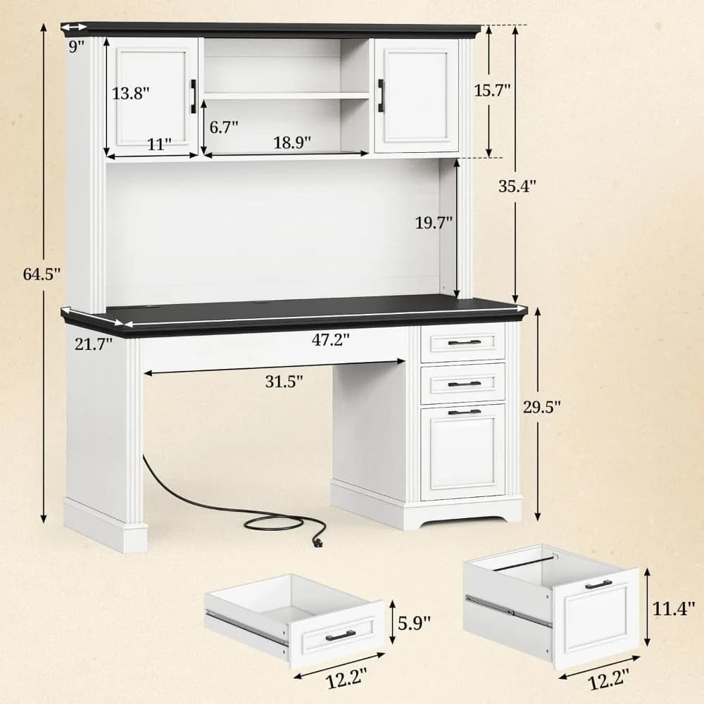 Executive 47.2" Farmhouse Desk with Hutch and 3 Drawers, Wood Office Desk featuring Storage and Power Outlet