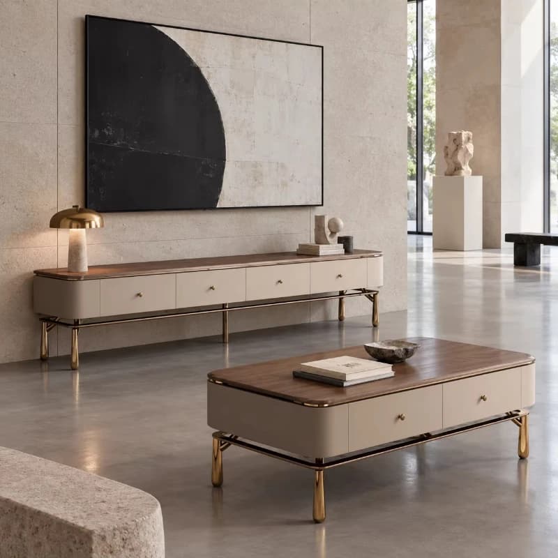 Hotel suite 2-piece TV cabinet coffee table set with drawer storage, round wood grain table top and gold metal legs