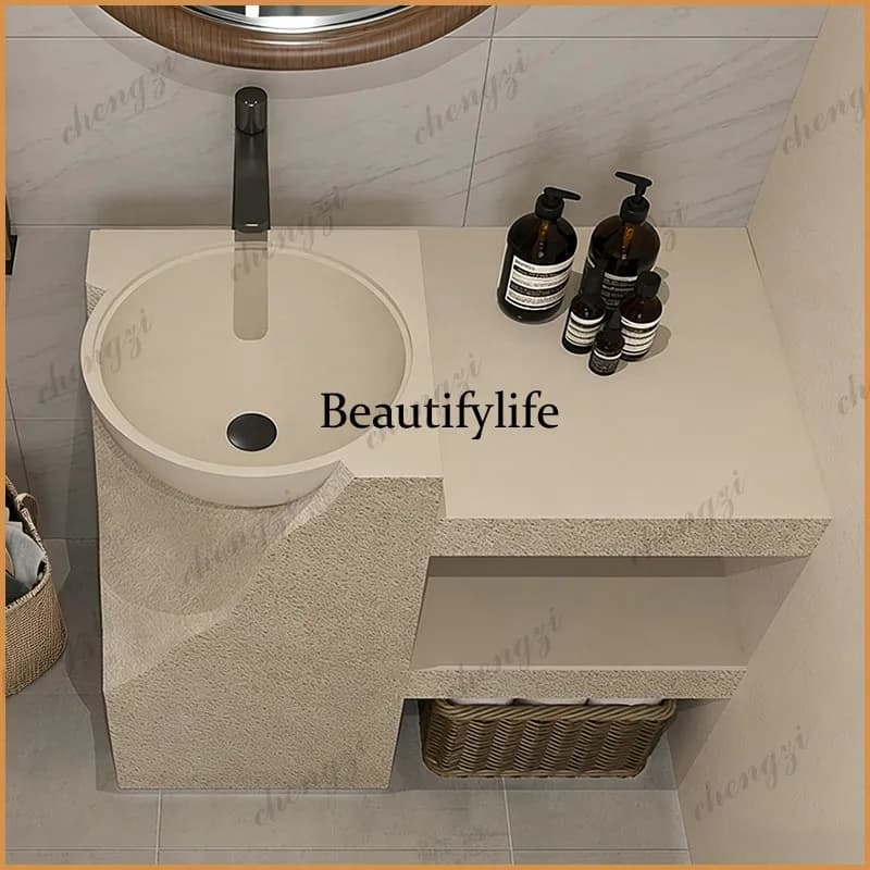 Japanese personalized travertine wash basin square round integrated floor type face wash table creative art column basin