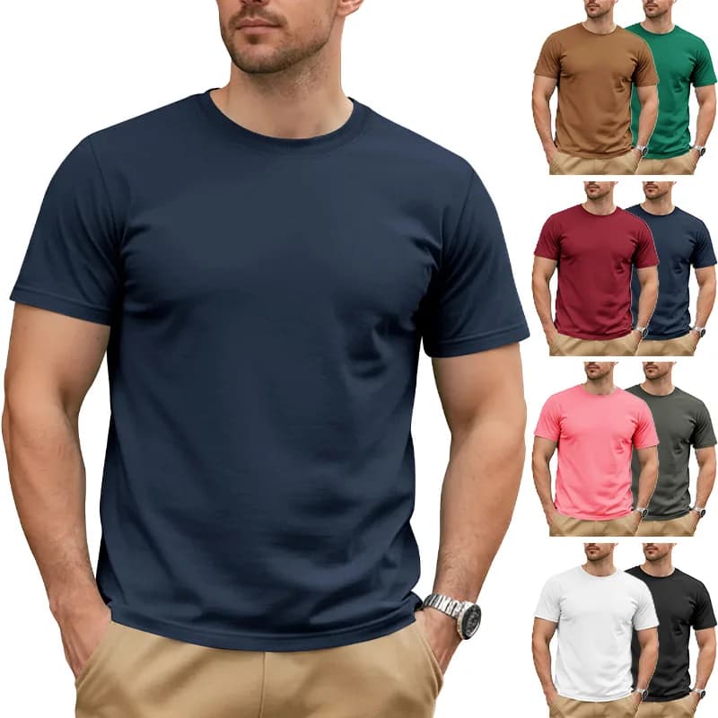 Foreign Trade Summer Solid Color Round Neck Short-sleeved Pure Cotton Casual Sports Simple T-shirt Tops for Men