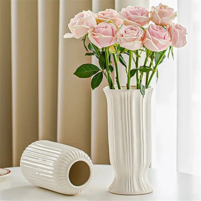 HYS white ceramic vase large mouth dried flower vase water raising flowers living room flower arrangement tabletop ornament