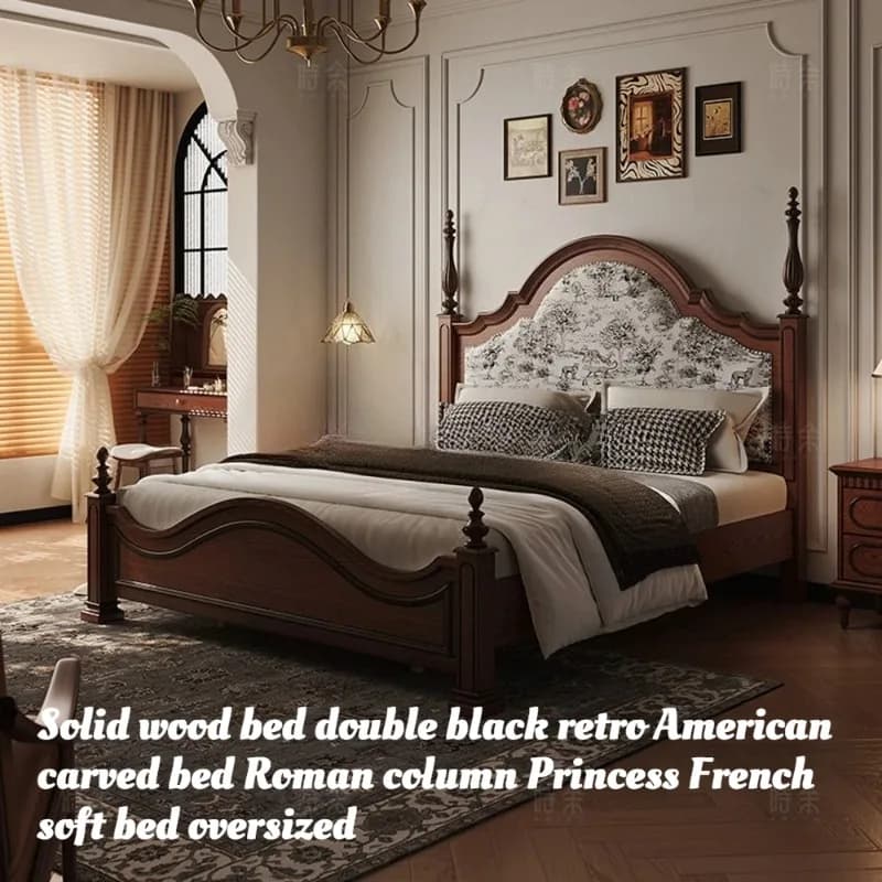 Solid Wood Double Bed Black Vintage American Carved Roman Column French Upholstered Princess Size Oversized King