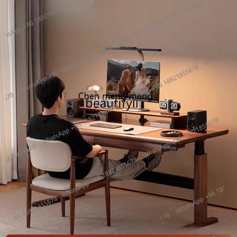 E153 North American Black Walnut Electric Desk Solid Wood Adjustable Electric Control Desk Smart Office Study Long Workbench