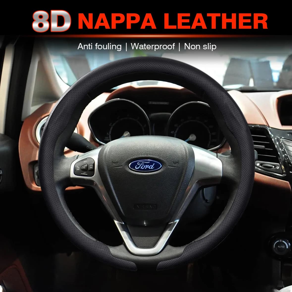 For Ford Fiesta MK8 2017 2018 2019-2023 2024 2025 8D Nappa Leather Breathable And Anti-Slip Steering Wheel Cover Accessories