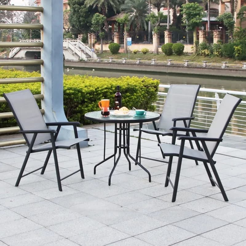 Outdoor courtyard with umbrella tables and chairs, outdoor household wrought iron backrest chairs