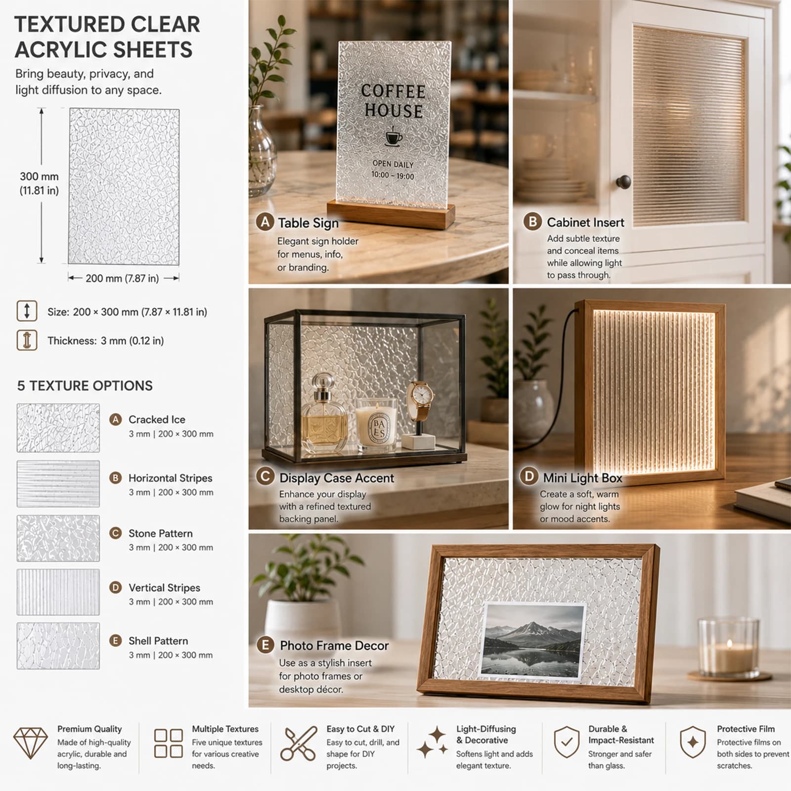 1-3Pcs 3mm Clear Textured Acrylic Board Decorative Patterned Plexiglass Panel Plastic Sheet for Crafts And Signage 200x300mm