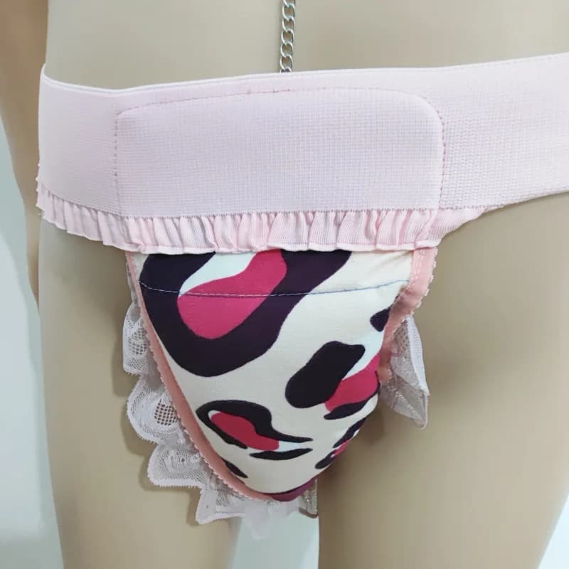 Filled Cotton Soft Thick Puffy T-back Band Open Convex Pouch Hygiene Panties BF Party, Sexy Man Pink Floral Lace Thong Briefs