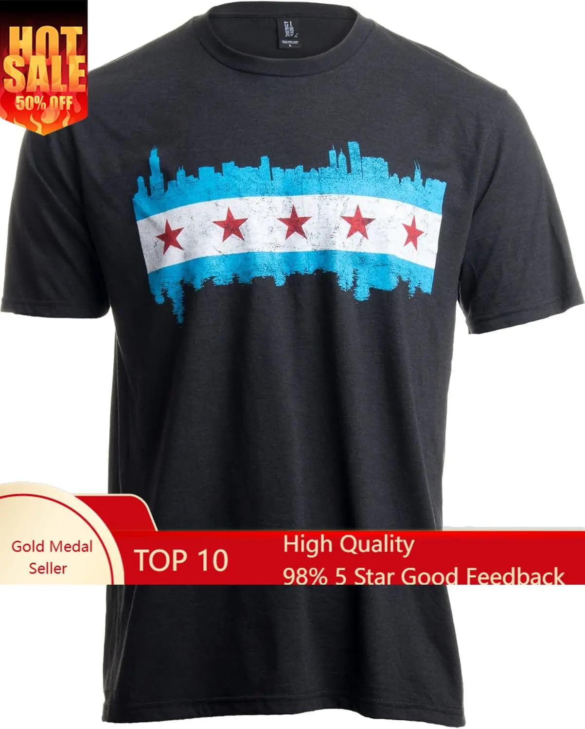 Chicago City Flag Skyline | Vintage Retro-Feel Triblend T-Shirt for Men or Women