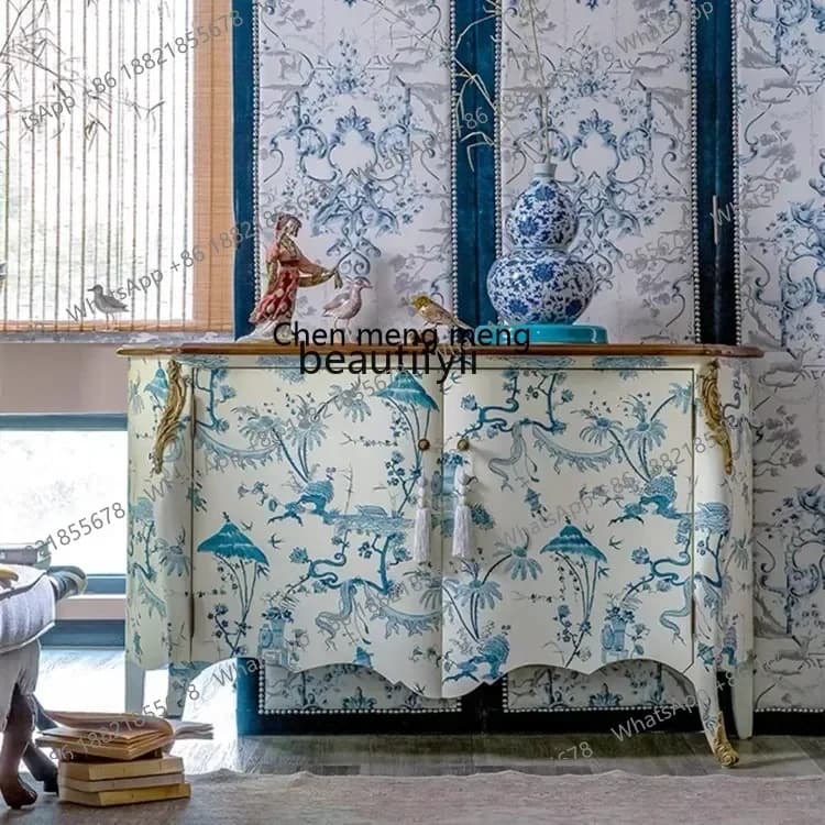 B178 home retro entrance cabinet blue and white porcelain hand-painted decorative cabinet painted side cabinet high-end2936