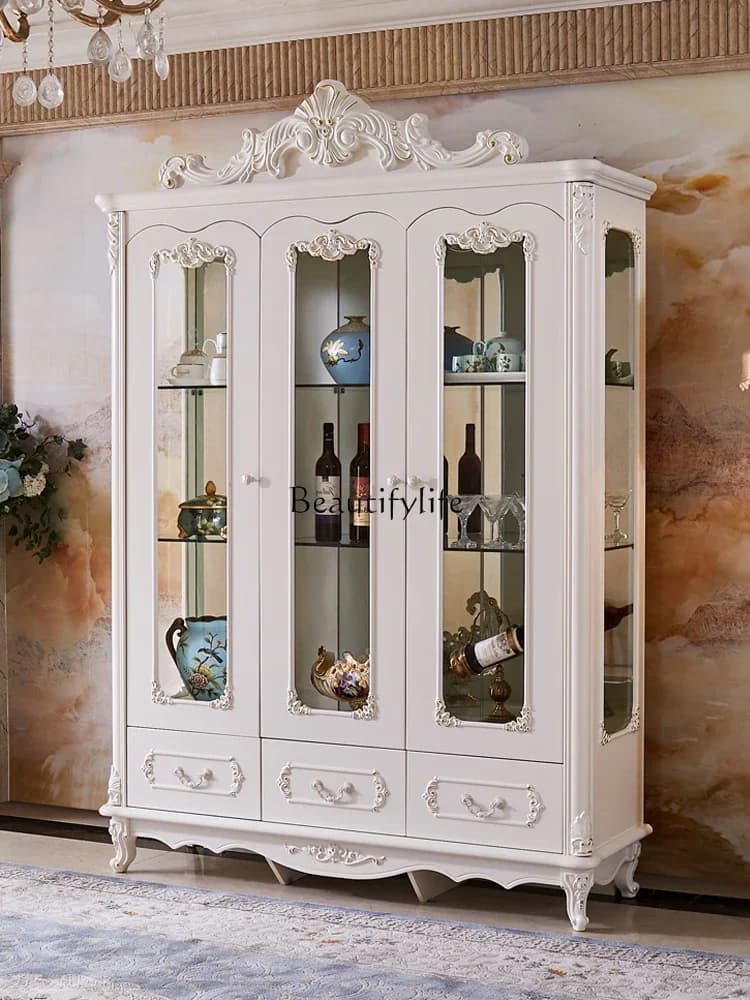 X4 European living room against the wall solid wood glass door French American decorative cabinet white display side cabinet