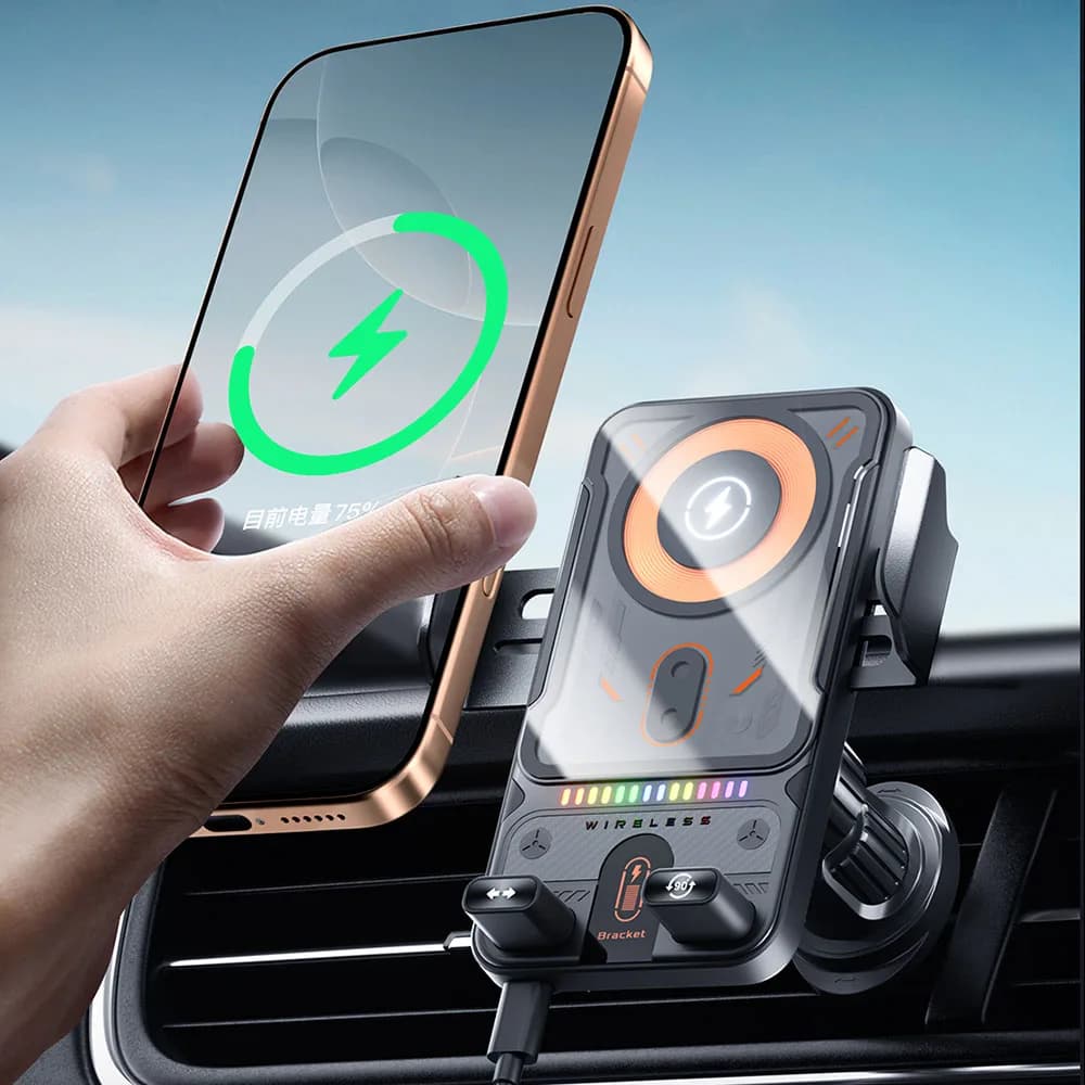 2026 New Universal Electric Rotating Car Phone Holder 15W Dual Coil Fast Wireless Charging Smart Auto Clamping Air Vent Mount