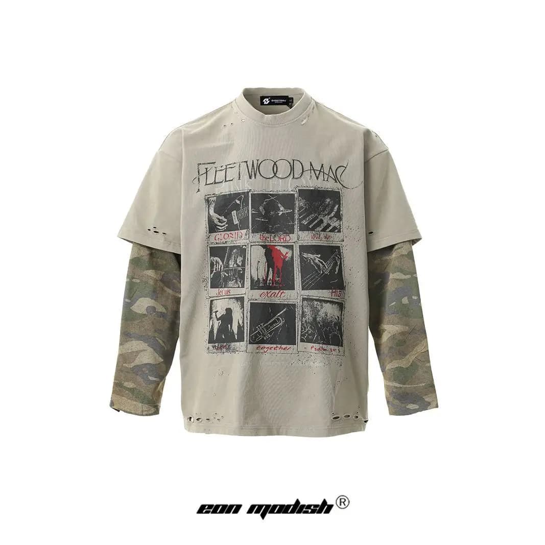 Man Long Sleeve T-shirt 2025 Autumn New Real Shot Retro Street-Style Fake Two Piece Vintage Washed Long Sleeve T Shirt