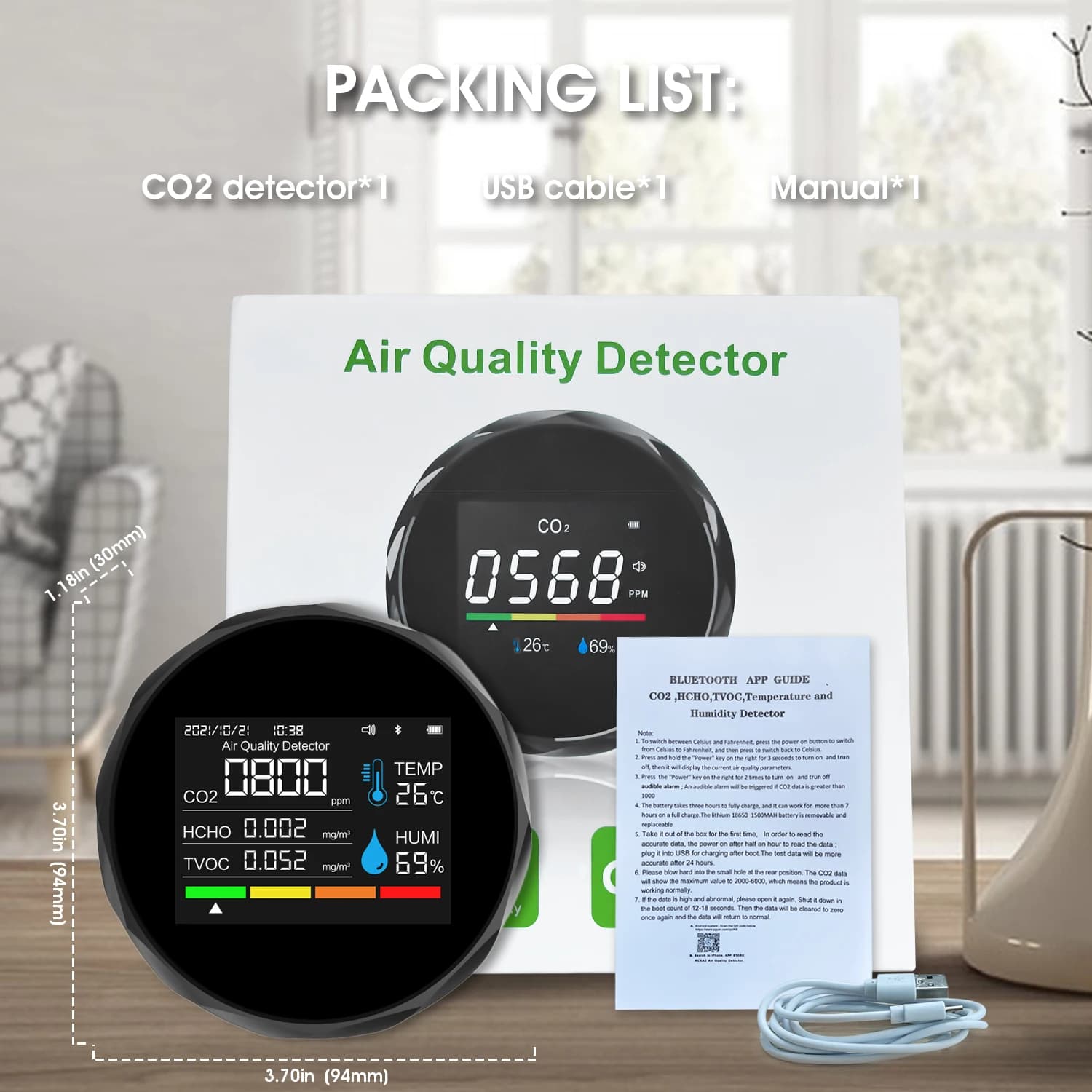 Smart Bluetooth CO2 Monitor – Rechargeable Air Quality Detector with APP, HCHO/TVOC/Temp/Humidity Sensor for Home/Office