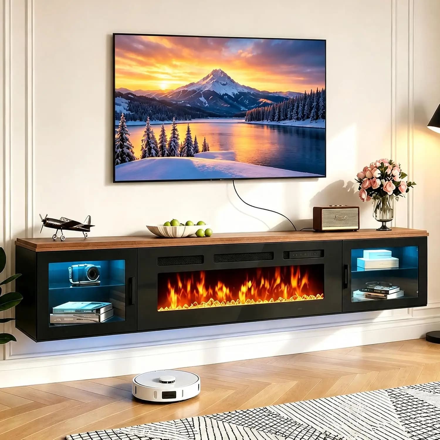 70" Floating Fireplace TV Stand Fits TVs Up to 80", Walnut&Black, Customized