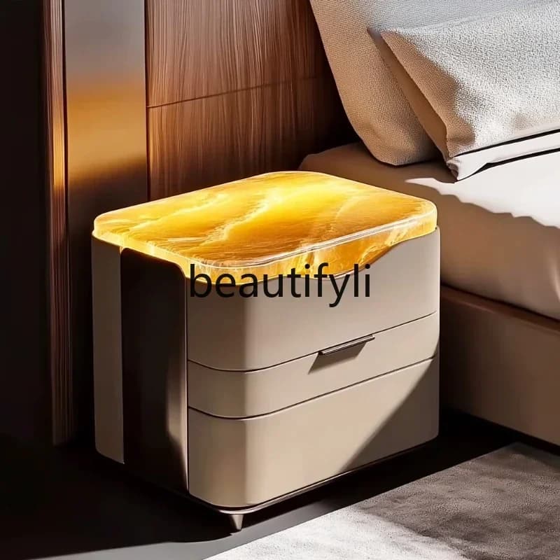 GModern and elegant minimalist luminous jade Italian bedside table design natural marble bedroom, locker