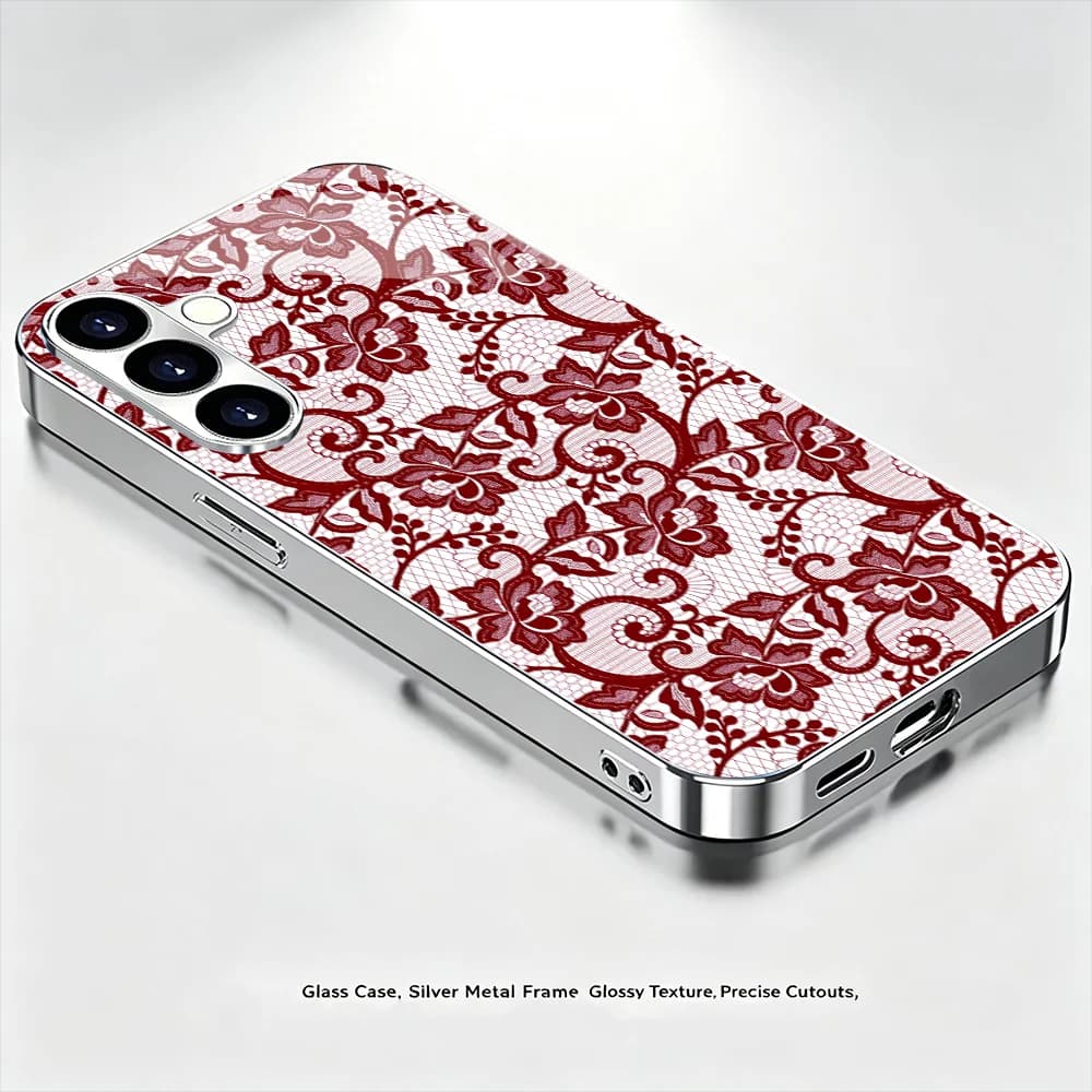 Modern Vintage Red Lace Floral Glass phone case for Samsung Galaxy S26 S25 S24 S23 S22 S21 Ultra FE Plus Lightweight Protective