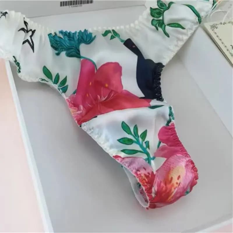 Ladies' Mulberry Silk Thong Briefs Silk Satin Mid Waist Sexy T Pants Panties Lace Print Silky Smooth Touch Comfortable G-string