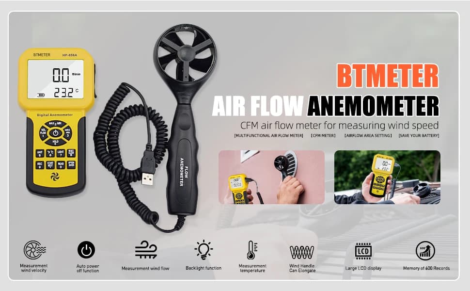 856A HVAC Anemometer Air Flow Velocity Temp USB Data Logger Backlight 600 Records Large LCD Max/Min Auto Off for HVAC Engineer