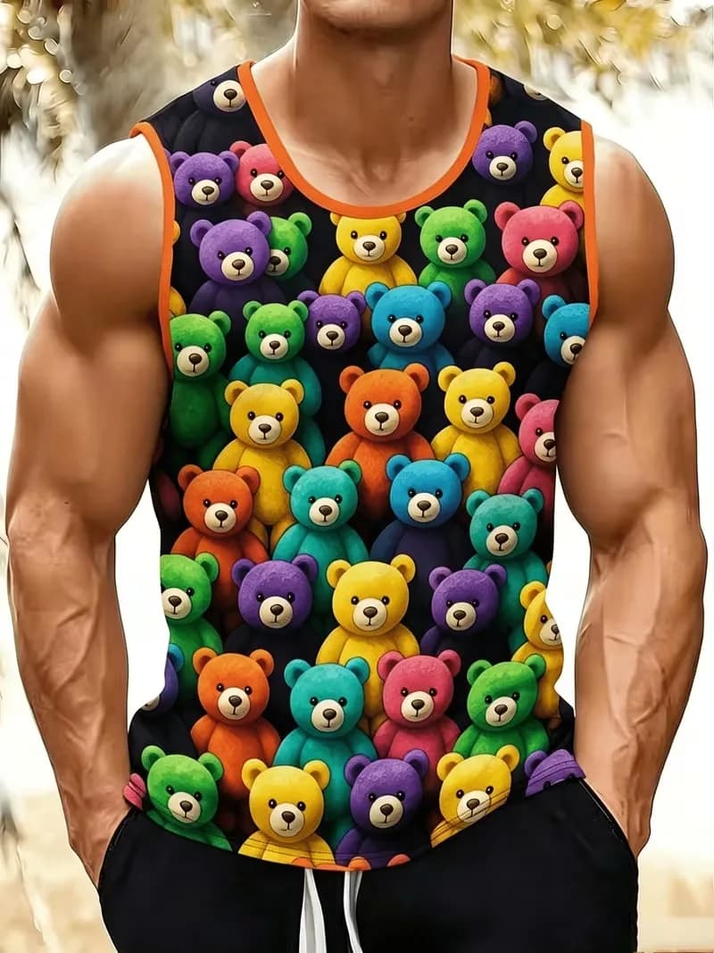  ﻿ Cute Cartoon Bear Print Tank Top For Men Personality Fashion Round Neck Sleeveless Tee Top Summer Street Loose Quick Dry Ves