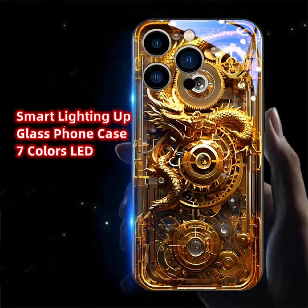 Mech Golden Dragon Smart LED Light Glow Tempered Glass Phone Case For Samsung A73 A72 A12 A14 A15 A16 A05 A06 Note 9 10