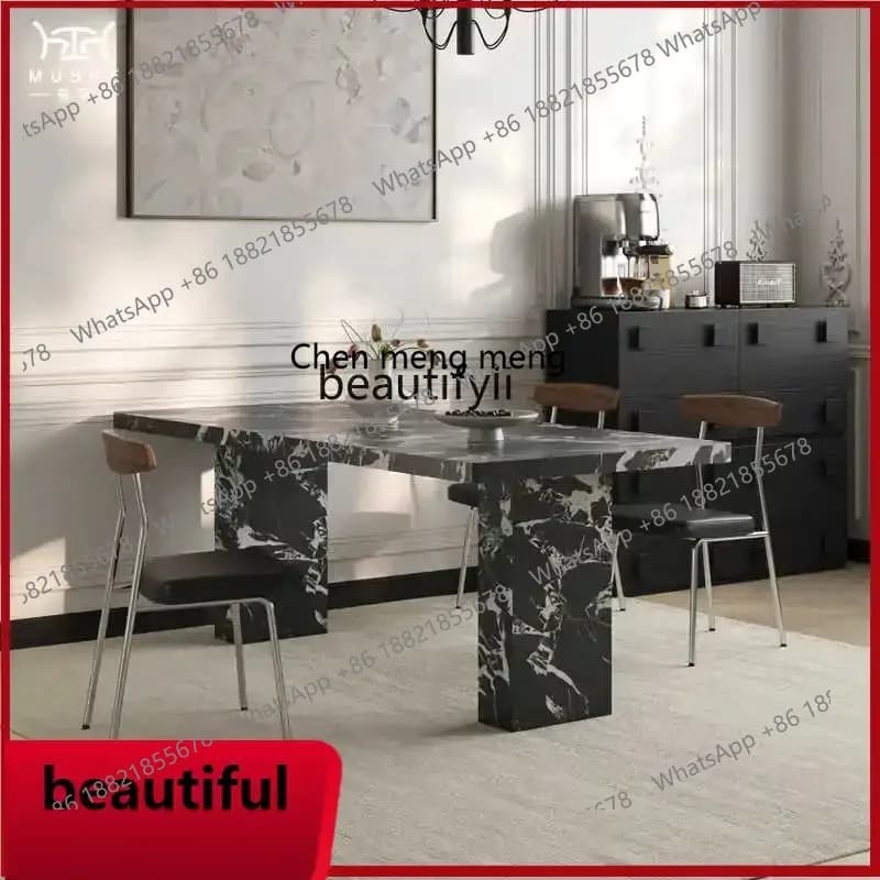 X  Retro wind rock slab dining table Household high-end rectangular dining table Black rock slab dining table