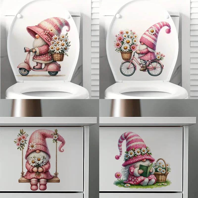 Cute Pink Watercolor Daisy Gnome Self-Adhesive Wall Decal - Removable, Reusable PVC Sticker for Kitchen & Living Room Decor