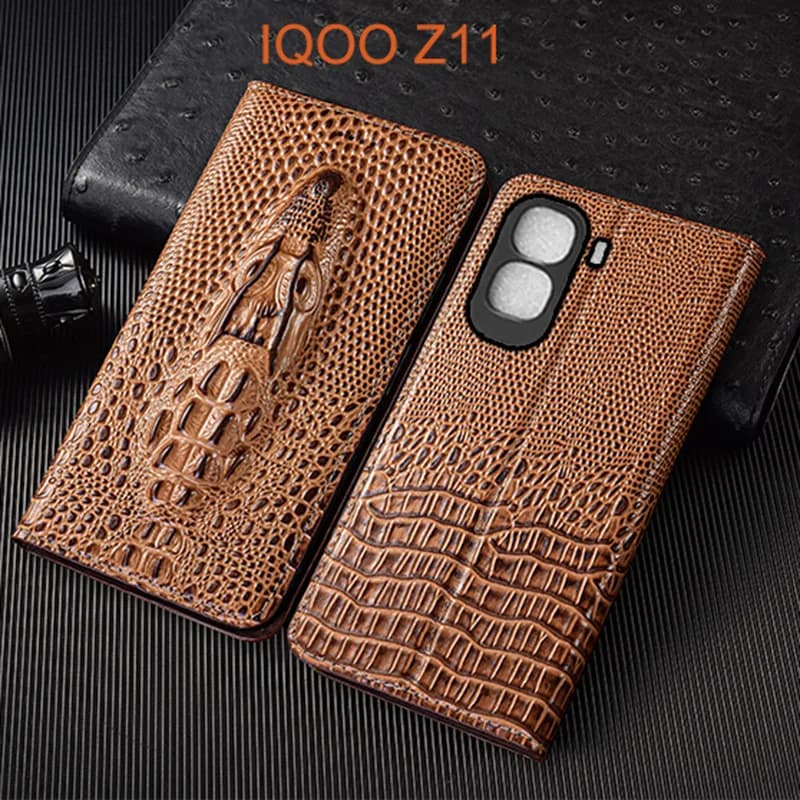 Crocodile Head Genuine Leather Flip Case For IQOO Z11 Turbo Z11X Phone Cover Card Cases Scratch Proof
