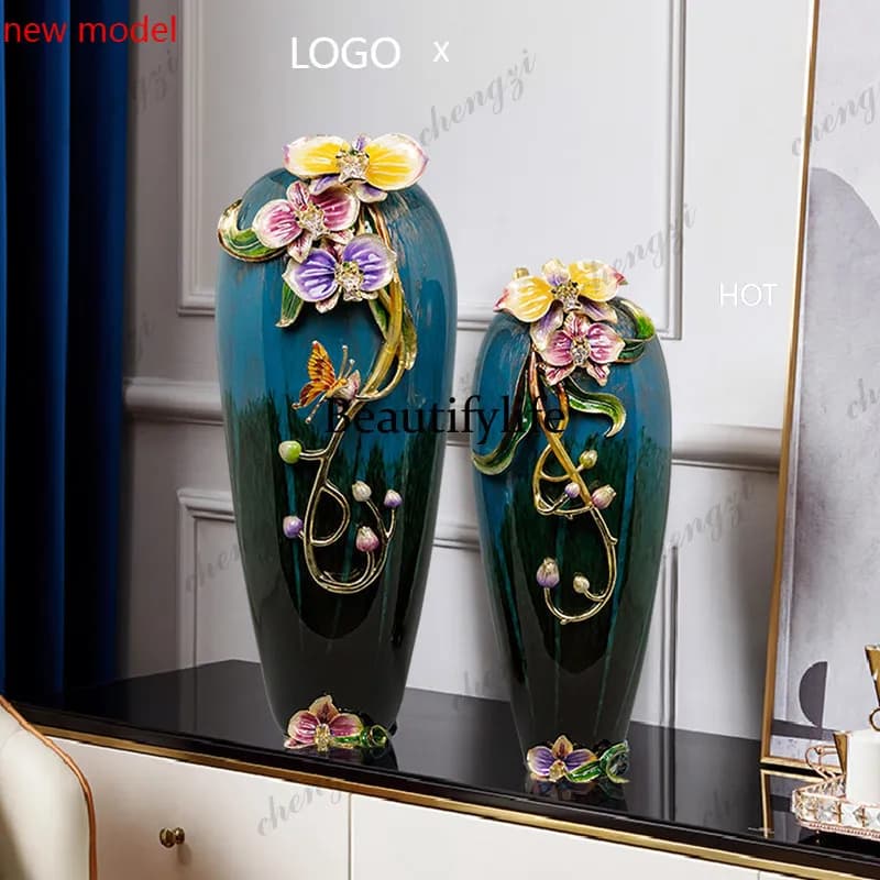 N138Glass vase light luxury ornament home living room flower arrangement European modern, entrance floor decoration