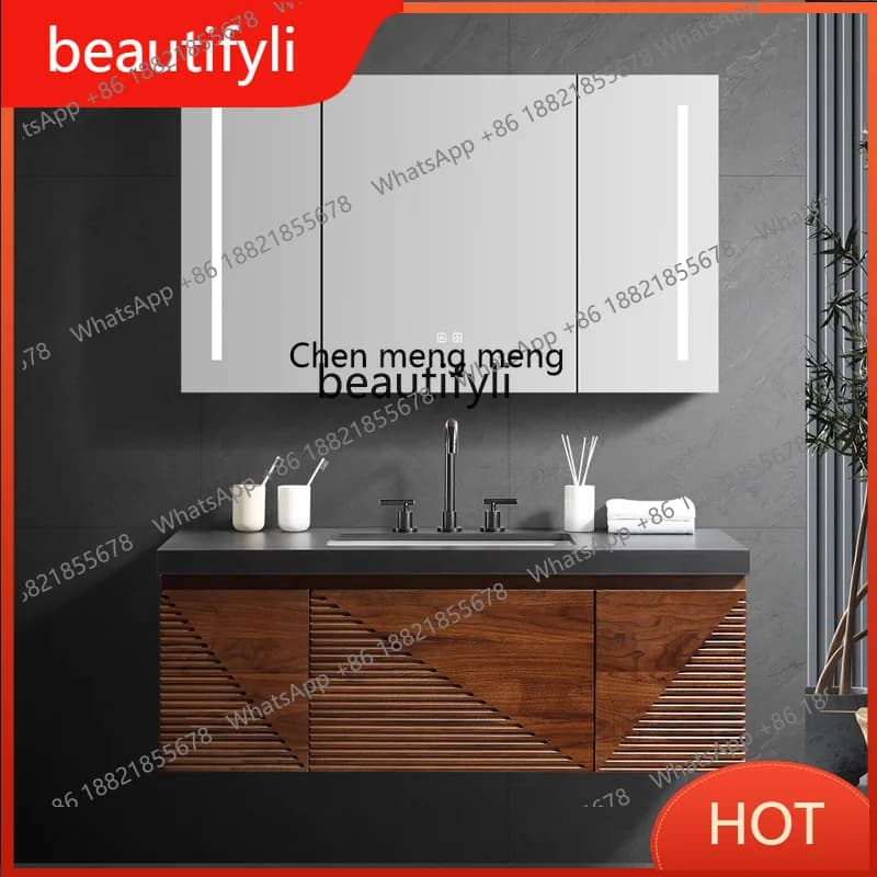G8578 Black Walnut Log Bathroom Cabinet New Chinese Style Washbasin Wash Basin Cabinet Combination High-End Stone Plate Table To