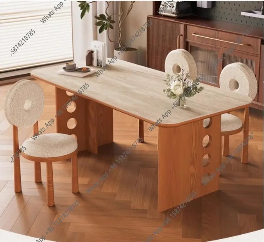 Zc X Medieval Travertine Rock Slab Dining Table Solid Wood Simple Household Small Apartment Dining Table Log Cream Wind Table An