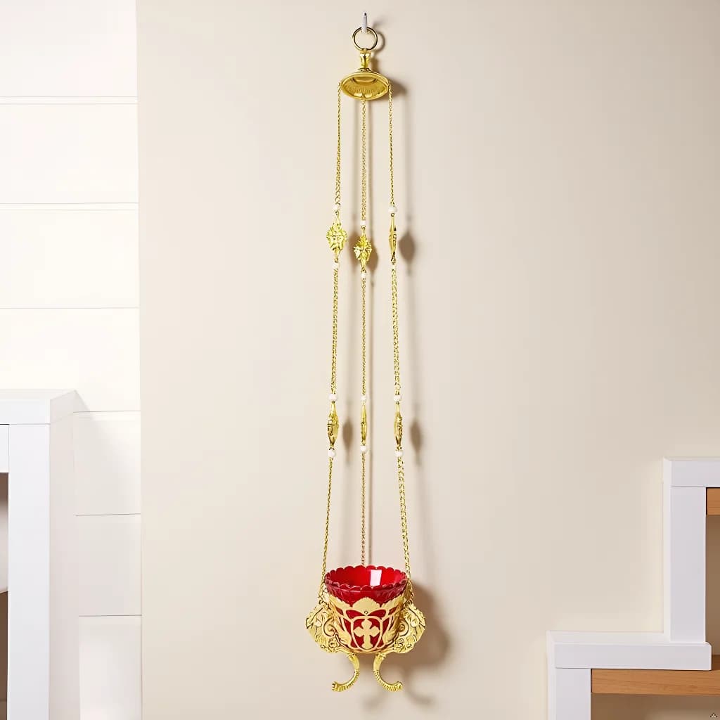 Orthodox Vigil Lamp Gold - Plated Alloy Red Glass Cross and Grapevine Motif Hanging Standing Liturgical Light