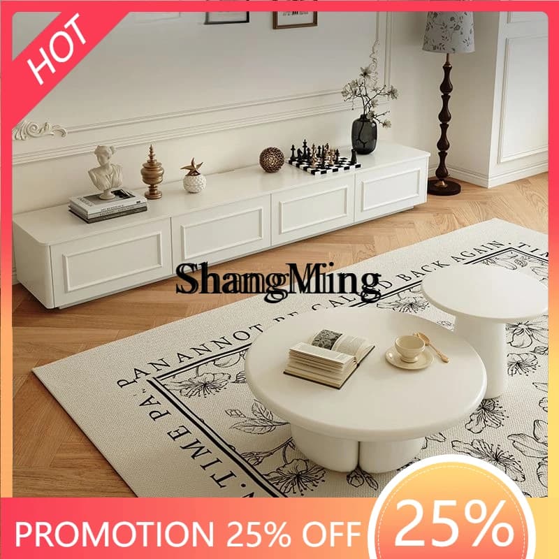FGgood-looking  Light Cream Style TV Cabinet and Coffee , Internet Celebrity Home Living Room, Solid Wood Retro Floor-standing