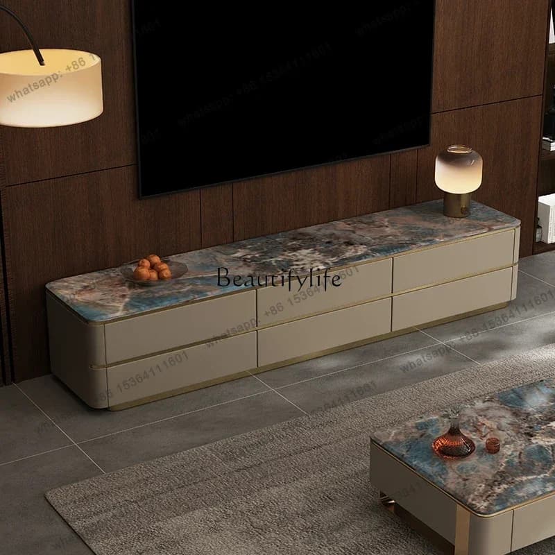 Customizable Italian Light Luxury Marble TV Cabinet Leather Veneer Storage Locker