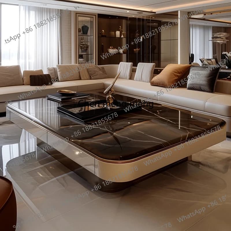 Marble coffee table light luxury modern flat floor living room high-end extended table advanced design sense large apartment