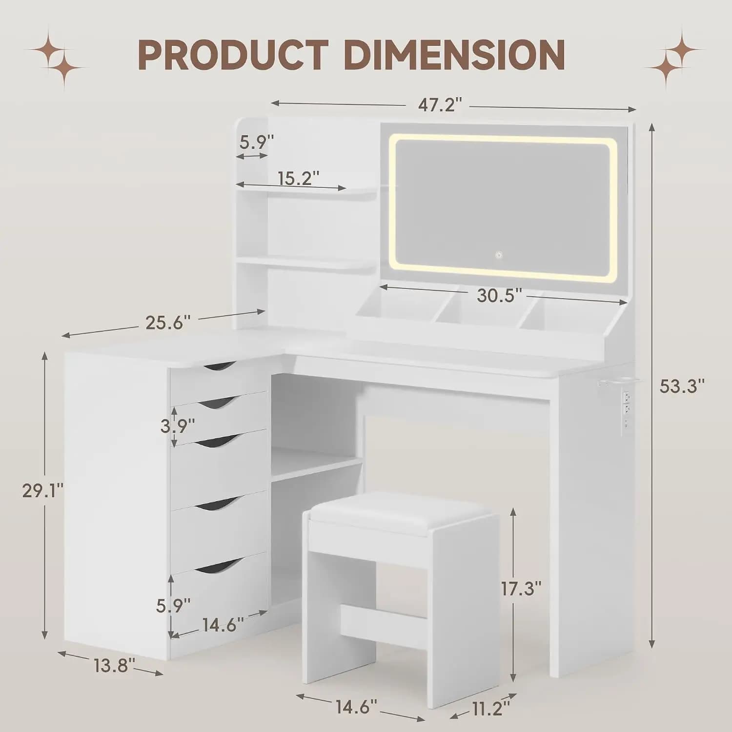Vanity Desk with Mirror, Corner Makeup Vanity with LED Light, White, Customized
