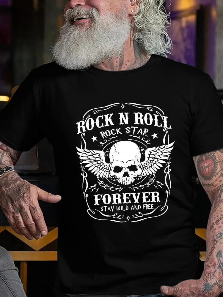 Men's casual 100% cotton short-sleeved O-neck T-shirt with "Rock" print, summer men's wear.
