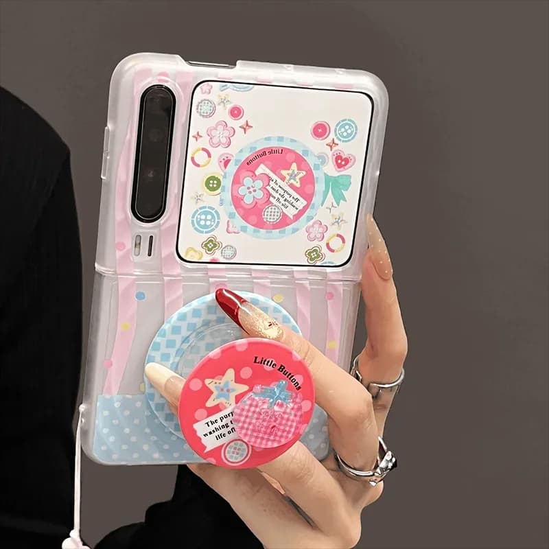 Kawaii Pink Clear Magnetic Case For Samsung Z Flip 7 6 5 / Xiaomi Mix Flip / Oppo N3 Flip Cute Tomato Button Stand & Wrist Chain