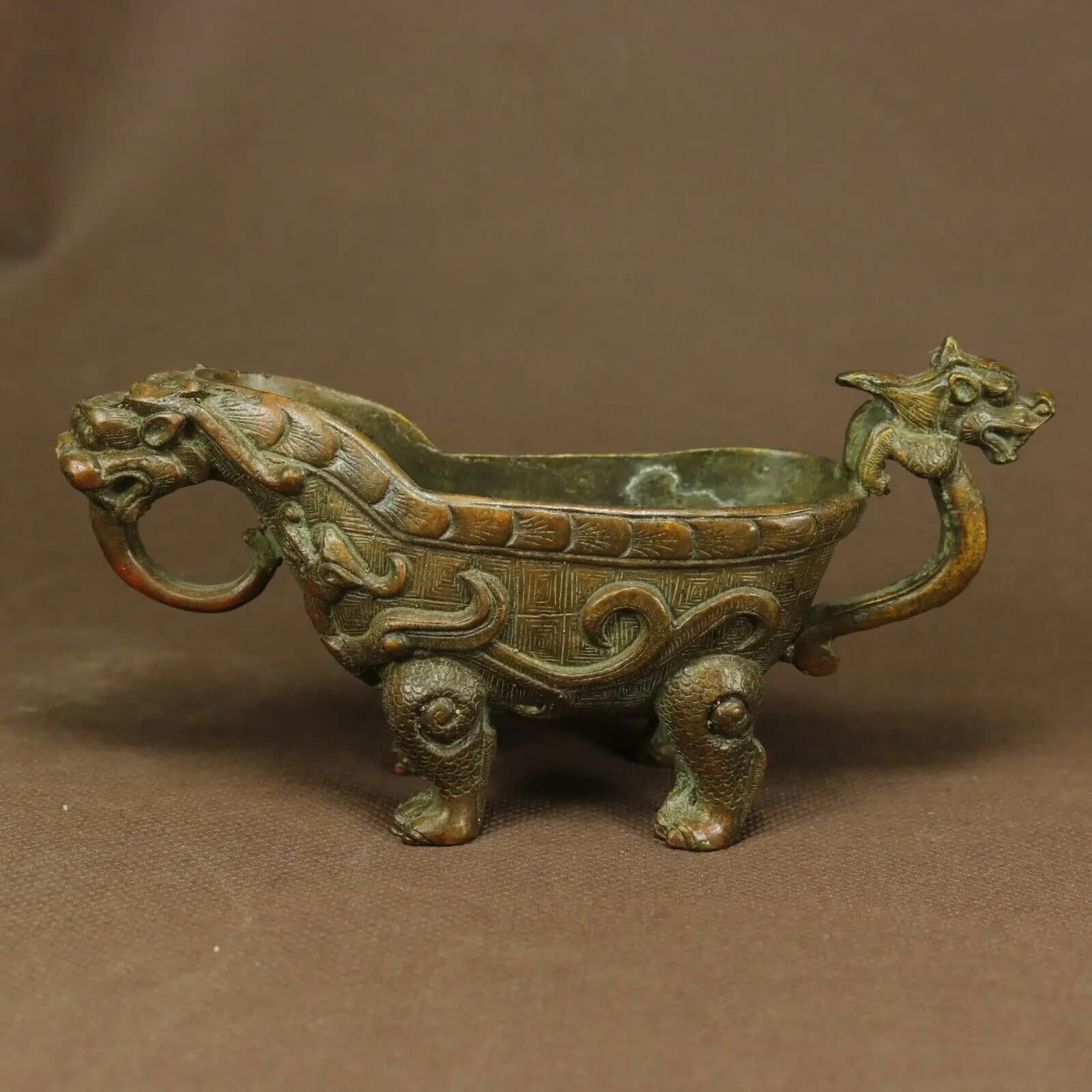 Antique Chinese Bronze Hand Made Engraved Dragon Wine Cups Tea Cups
