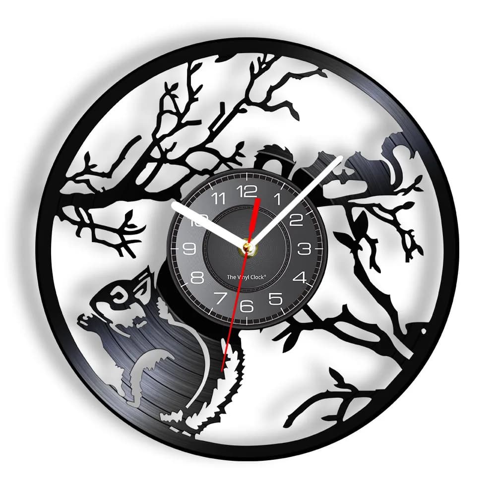 Squirrels In Love Wall Clock Modern Design Woodland Animals Home Decor Squirrels on a Tree Vintage Vinyl Record Wall Clock