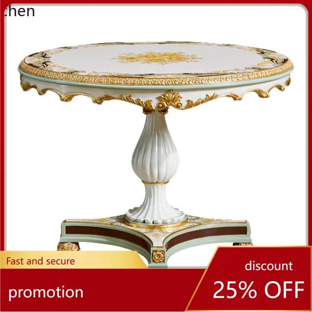 HT Retro Restaurant Round Dining Table Round Carved Craft Palace Solid Wood Decorative Flower Table Villa Home Dining Table