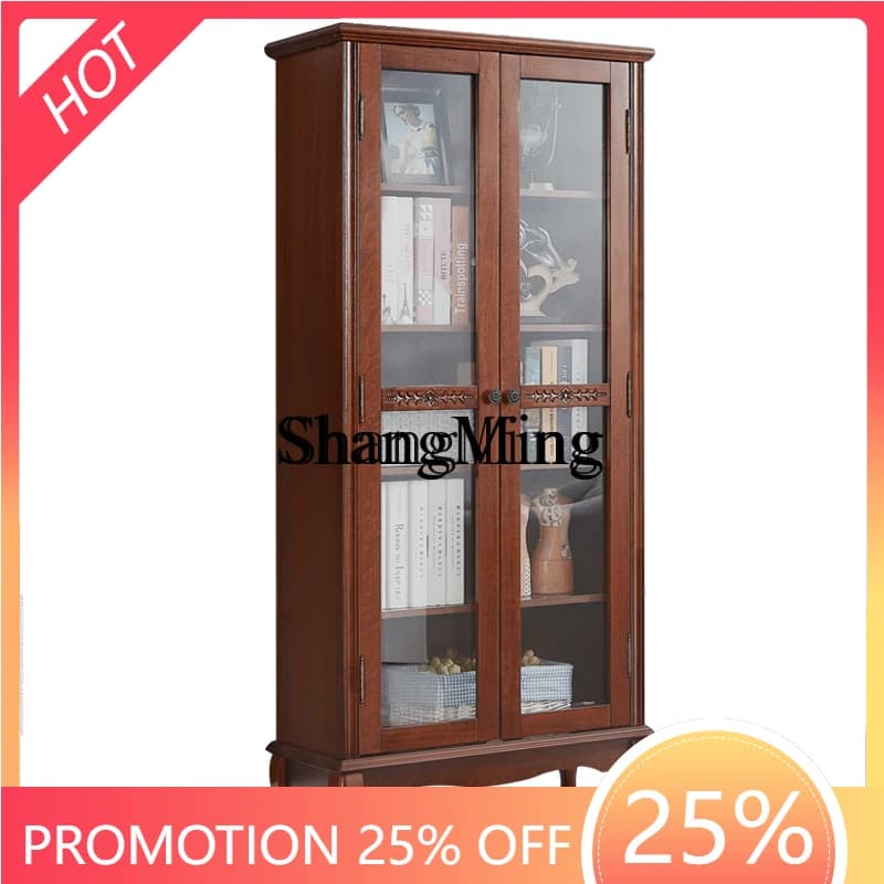 CL  with Door Bookshelf Sliding Door Locker Solid Wood Glass Door Bookcase Floor Locker TV Side Cabinet