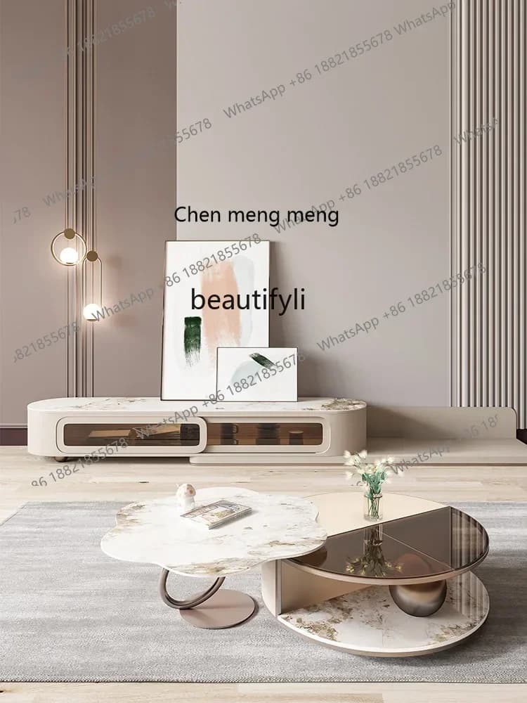 cn8350 LHY yj Stone Plate Coffee Table TV Cabinet Combination Retractable Living Room Light Luxury Modern round Tea Table