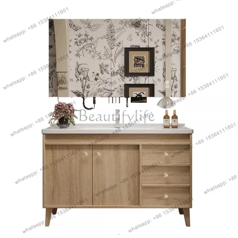 Log wind floor-to-ceiling bathroom cabinet, bathroom, ceramic integrated washbasin, washstand