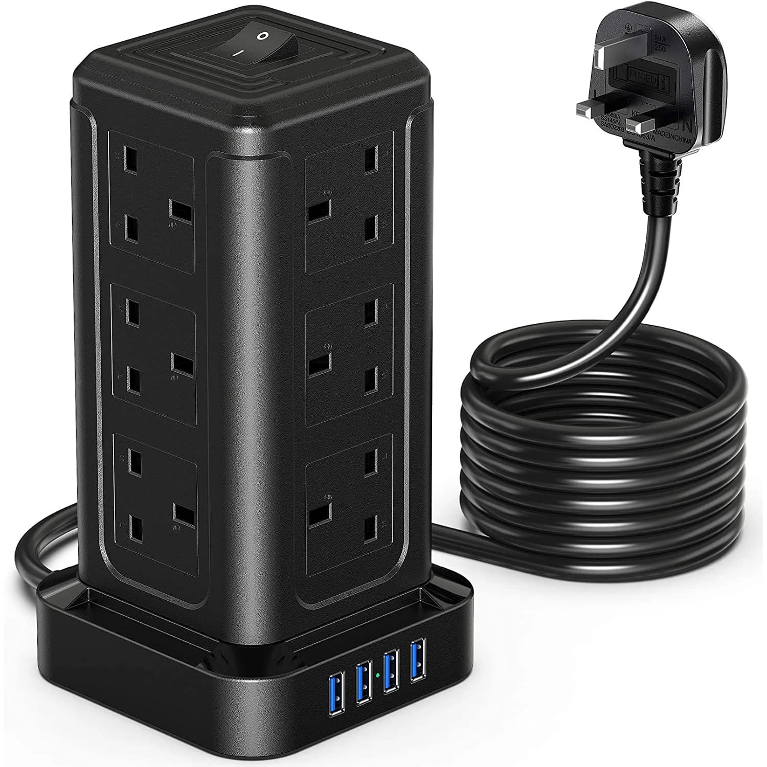 Extension Socket With USB, 12 Way Power Strip With 4 USB Ports 2M Extension Cords UK Power Socket With Switch
