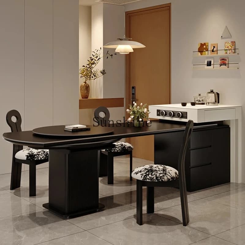 Modern simple and multi-functional rotatable round table household pure black rock slab dining table